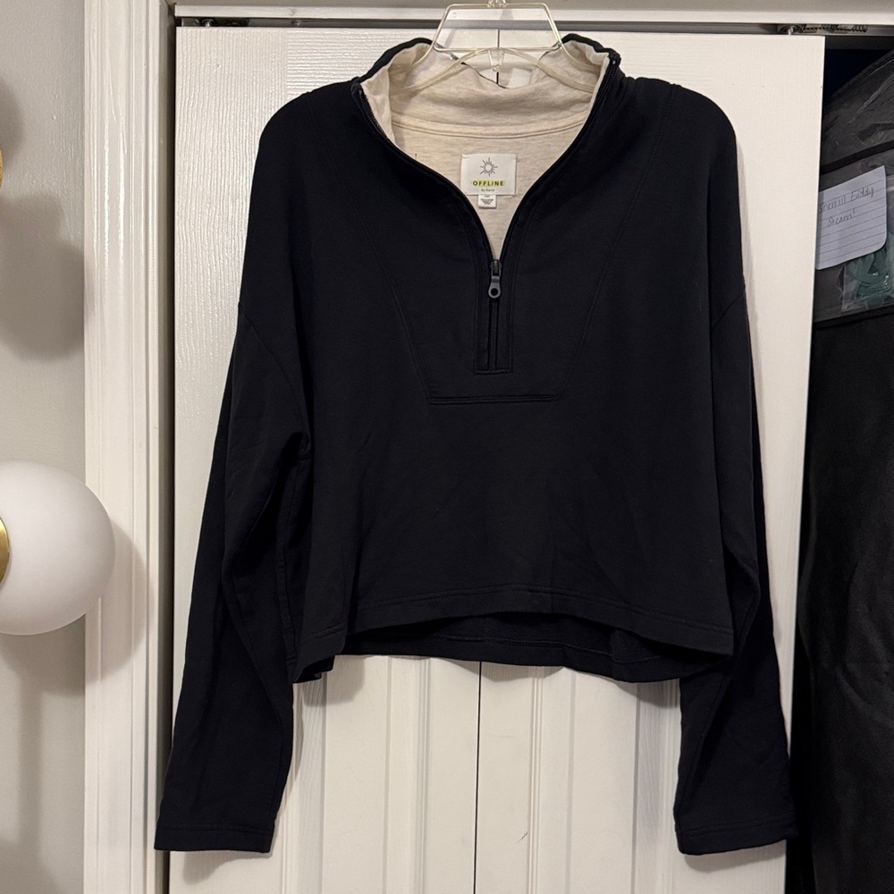 Aerie Offline Black and Cream Quarter-Zip cropped pullover